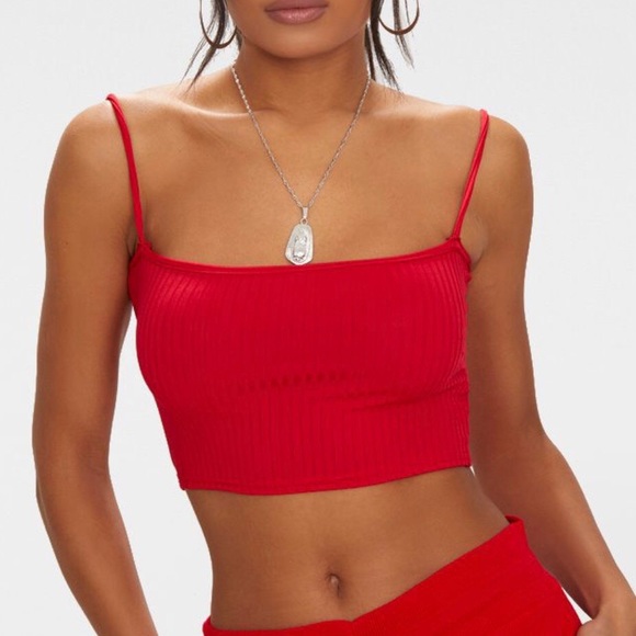❤️SOLD❤️Red Rib Square Neck Strappy Crop Top - Picture 3 of 4